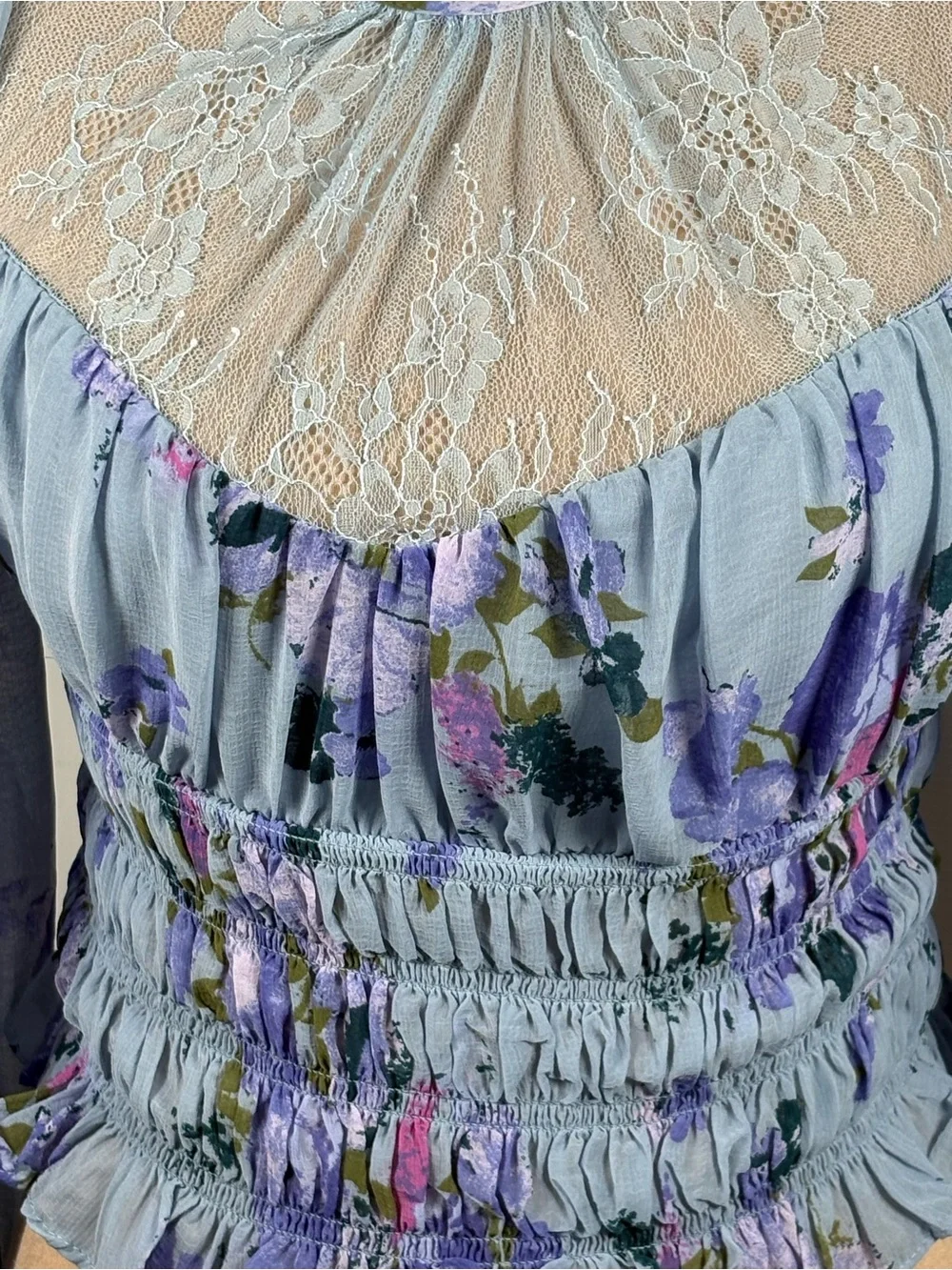 Free People Daphne Blouse in Silver Blue Combo Floral Lace Small NWT
